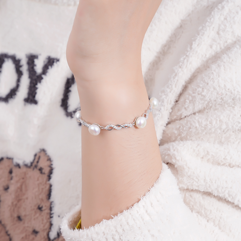 Handmade S925 Sterling Silver Bracelet with 8 mm Freshwater Cultured White Pearls & Cubic Zirconia