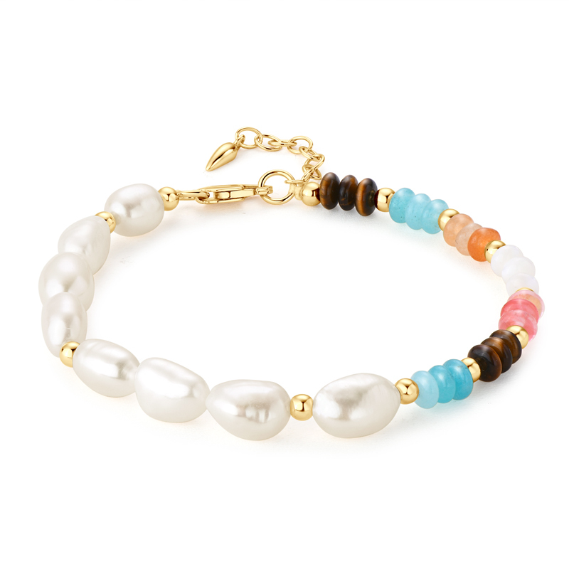 8 mm Natural Freshwater White Baroque Pearls &  Colorful 4 mm Beads Layered Bracelet