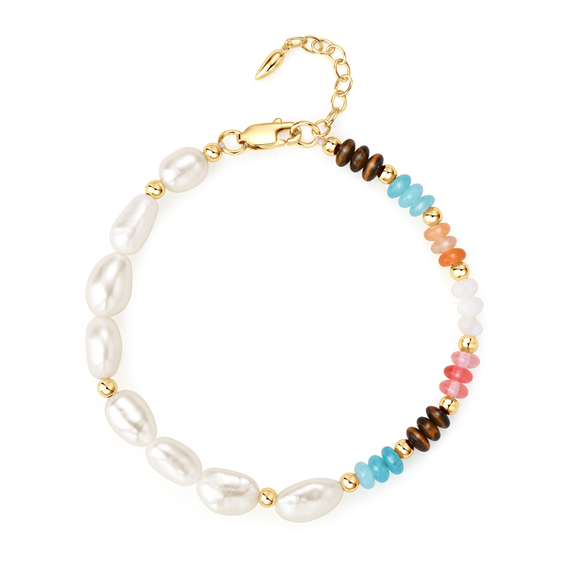 8 mm Natural Freshwater White Baroque Pearls &  Colorful 4 mm Beads Layered Bracelet