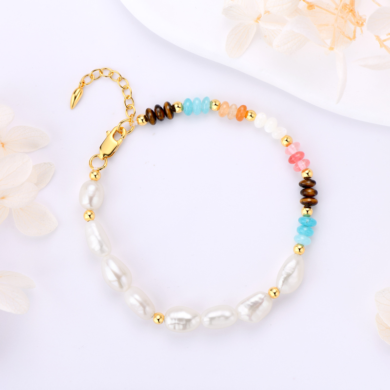 8 mm Natural Freshwater White Baroque Pearls &  Colorful 4 mm Beads Layered Bracelet