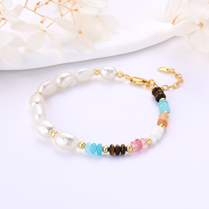 8 mm Natural Freshwater White Baroque Pearls &  Colorful 4 mm Beads Layered Bracelet