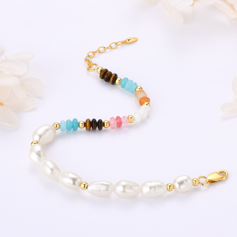 8 mm Natural Freshwater White Baroque Pearls &  Colorful 4 mm Beads Layered Bracelet