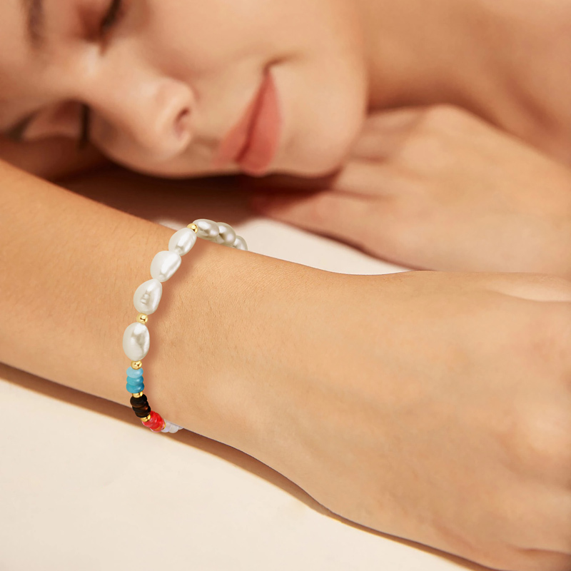 8 mm Natural Freshwater White Baroque Pearls &  Colorful 4 mm Beads Layered Bracelet