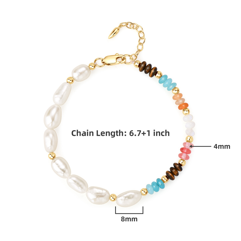 8 mm Natural Freshwater White Baroque Pearls &  Colorful 4 mm Beads Layered Bracelet