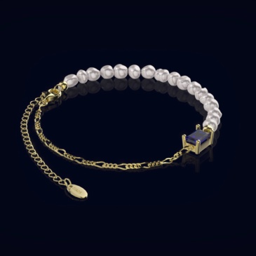 Half 14K Gold PVD Figaro Chain & Half Cultured Freshwater Baroque Pearl Bracelet
