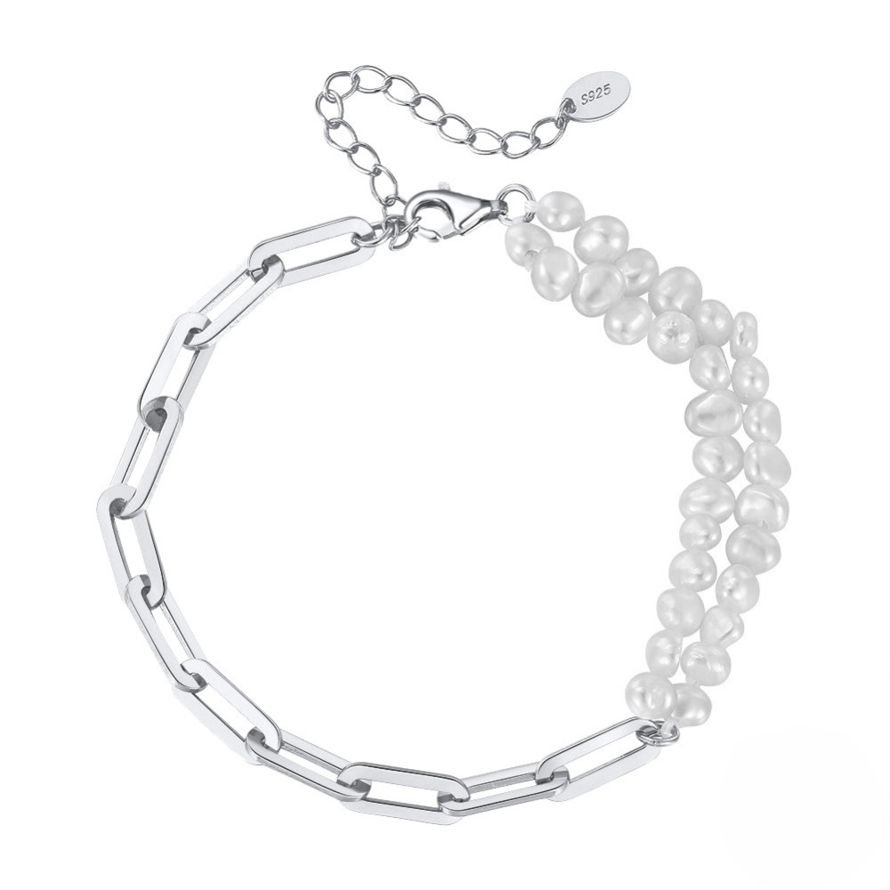 Handmade S925 Silver Paperclip Chains & Freshwater White Cultured Baroque Pearls Double-Stranded Bracelet