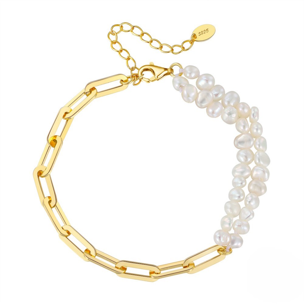Handmade S925 Silver Paperclip Chains & Freshwater White Cultured Baroque Pearls Double-Stranded Bracelet