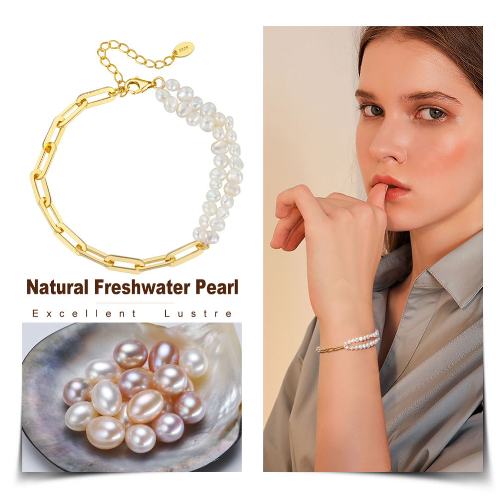 Handmade S925 Silver Paperclip Chains & Freshwater White Cultured Baroque Pearls Double-Stranded Bracelet