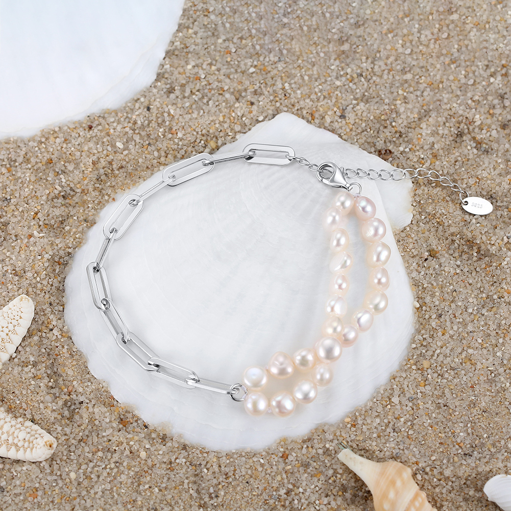Handmade S925 Silver Paperclip Chains & Freshwater White Cultured Baroque Pearls Double-Stranded Bracelet
