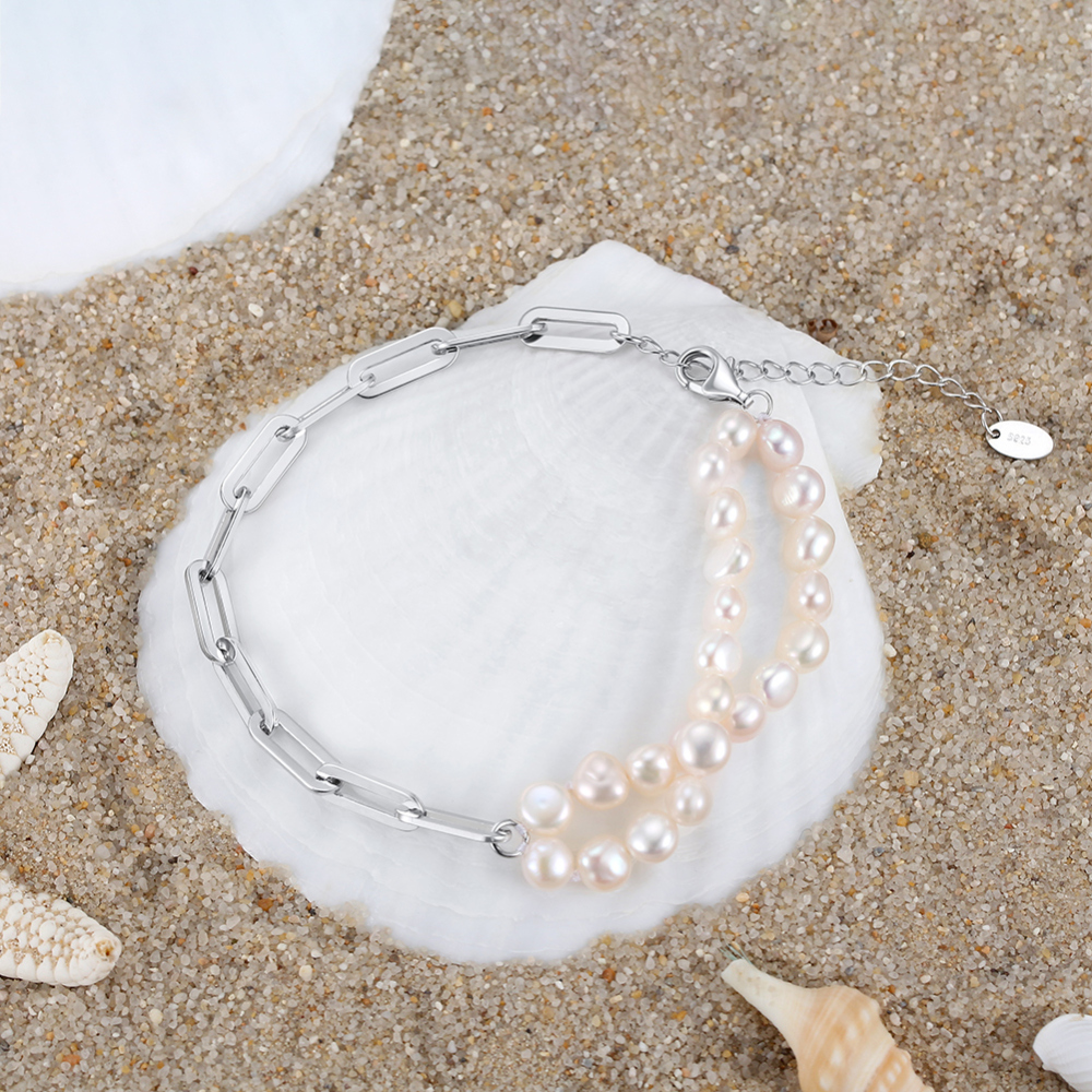 Handmade S925 Silver Paperclip Chains & Freshwater White Cultured Baroque Pearls Double-Stranded Bracelet