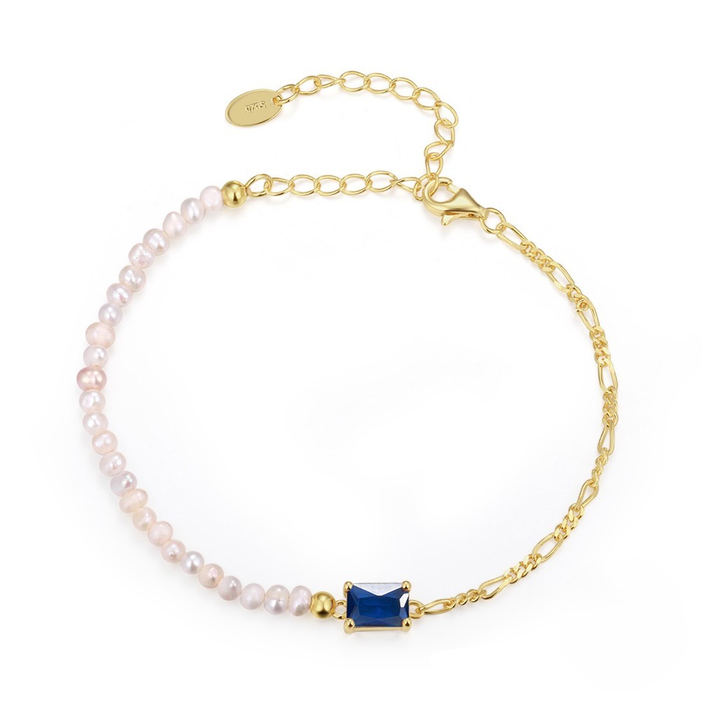 Half 14K Gold PVD Figaro Chain & Half Cultured Freshwater Baroque Pearl Bracelet