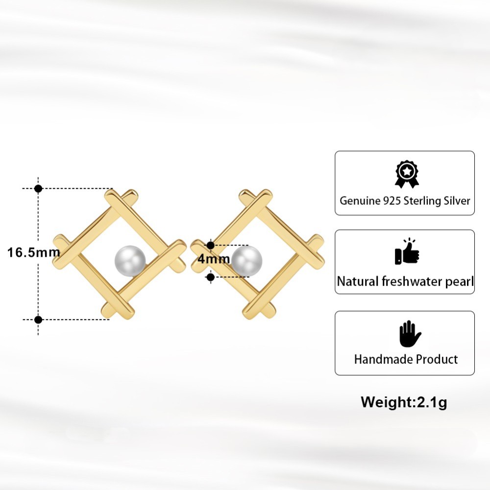 Geometric 14K Gold Plated Stud Earrings with Freshwater Pearl