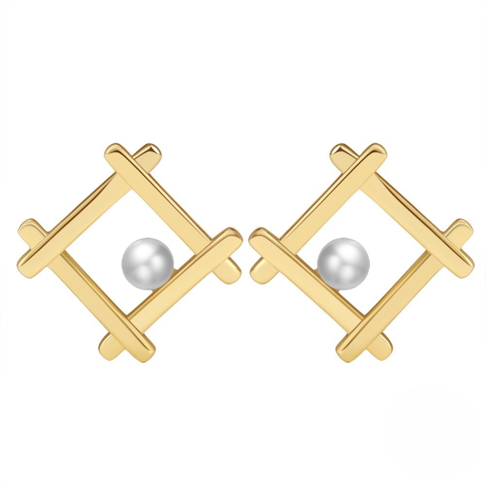 Geometric 14K Gold Plated Stud Earrings with Freshwater Pearl