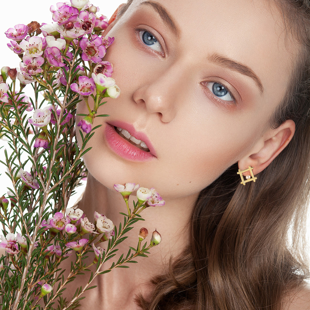 Geometric 14K Gold Plated Stud Earrings with Freshwater Pearl