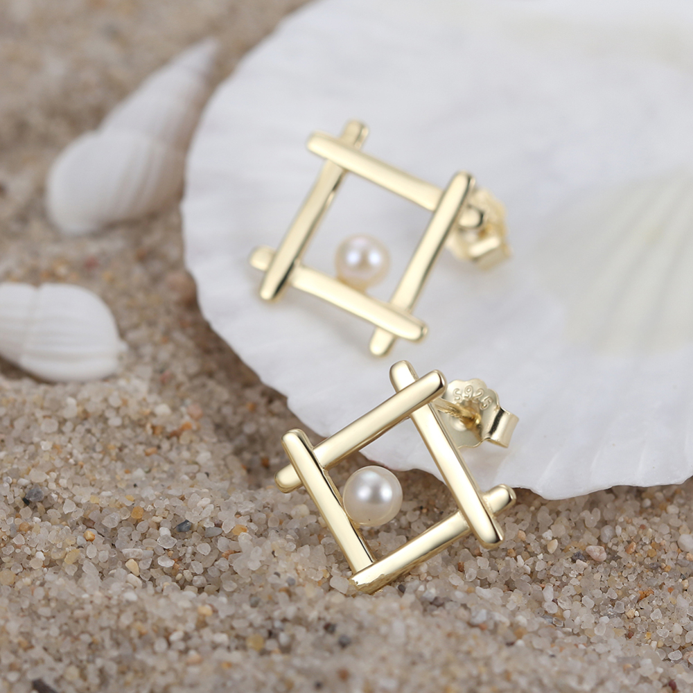 Geometric 14K Gold Plated Stud Earrings with Freshwater Pearl