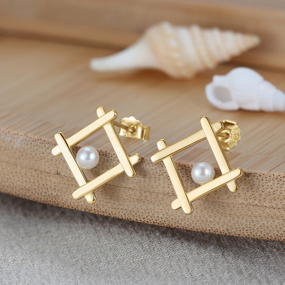 Geometric 14K Gold Plated Stud Earrings with Freshwater Pearl