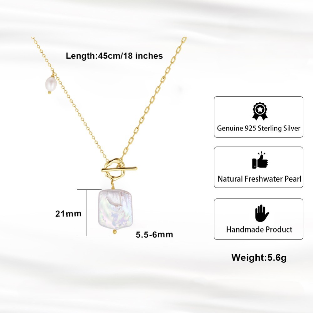 14K Gold Link Chain Necklace with Rectangular Cultured Baroque Pearl