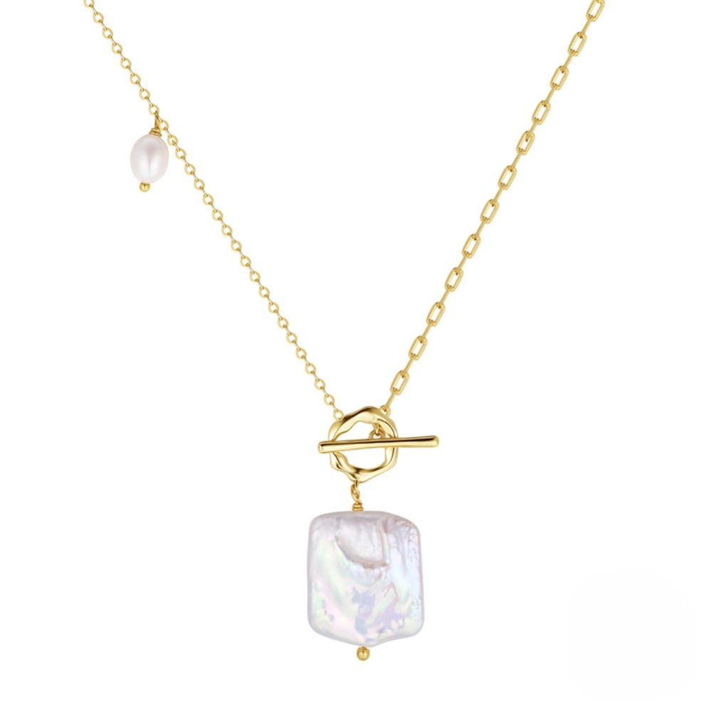 14K Gold Link Chain Necklace with Rectangular Cultured Baroque Pearl