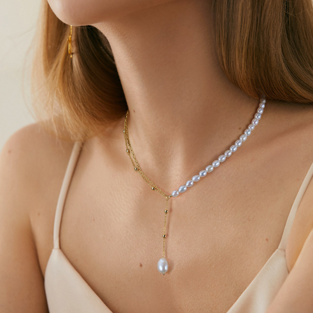 Trendy 14K Gold-Plated Paperclip Chain/Ball Chain Layer Necklace with Cultured Freshwater Pearls