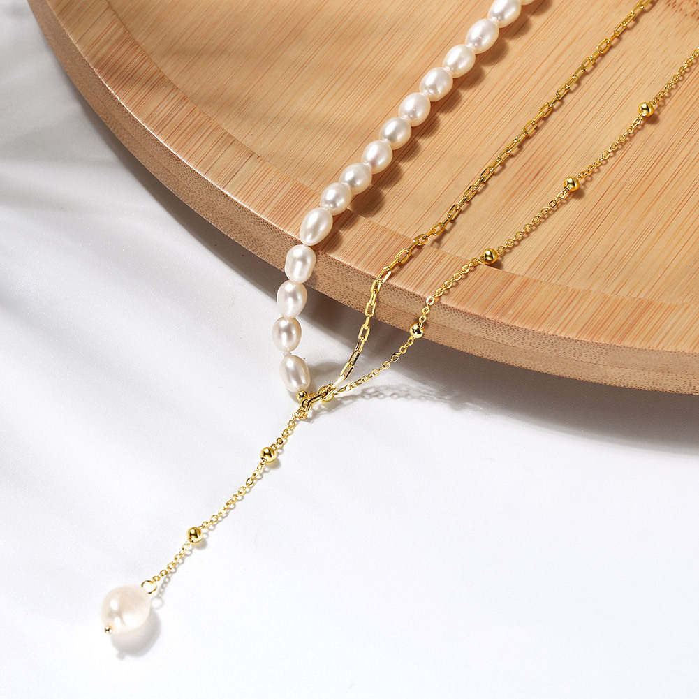 Trendy 14K Gold-Plated Paperclip Chain/Ball Chain Layer Necklace with Cultured Freshwater Pearls