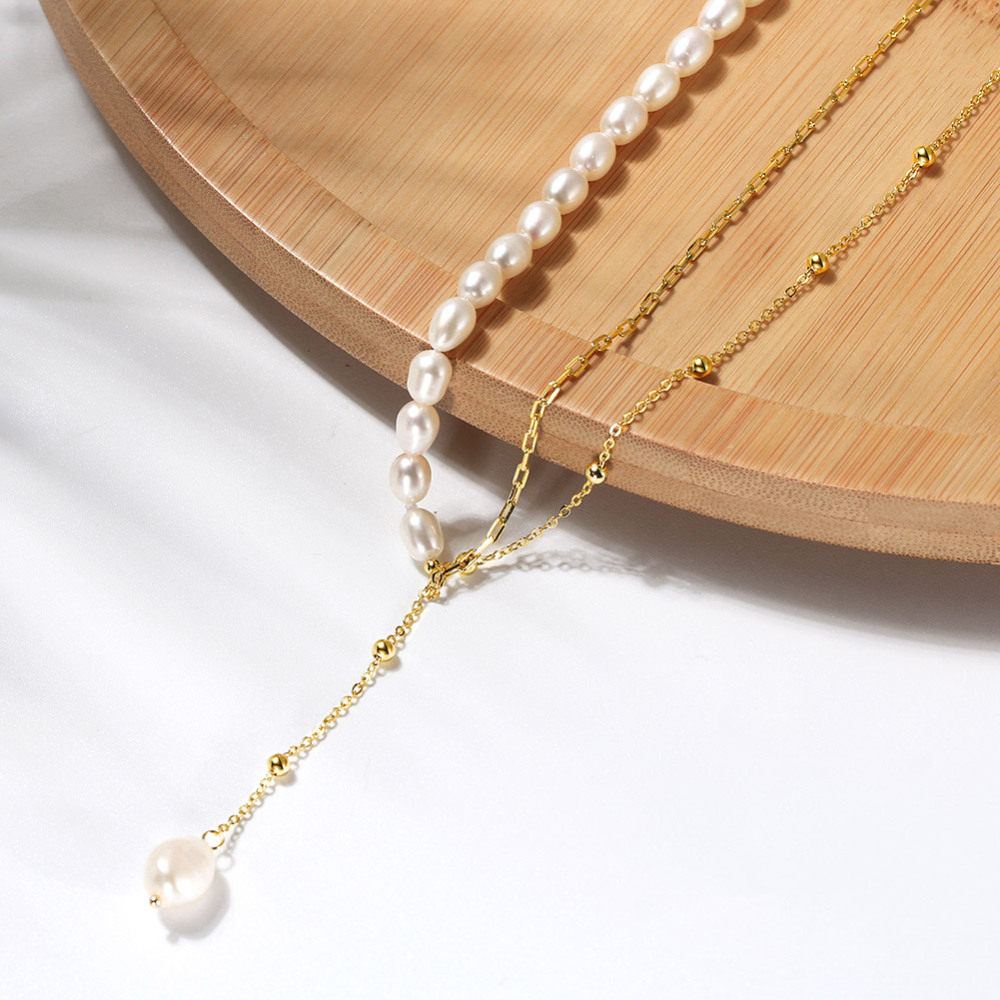 Trendy 14K Gold-Plated Paperclip Chain/Ball Chain Layer Necklace with Cultured Freshwater Pearls