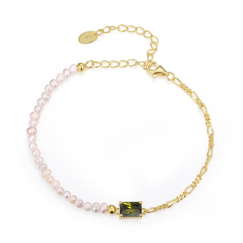 Half 14K Gold PVD Figaro Chain & Half Cultured Freshwater Baroque Pearl Bracelet