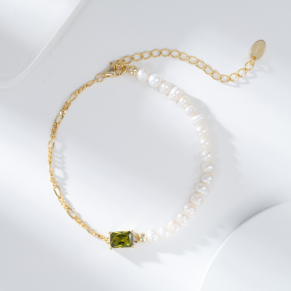 Half 14K Gold PVD Figaro Chain & Half Cultured Freshwater Baroque Pearl Bracelet