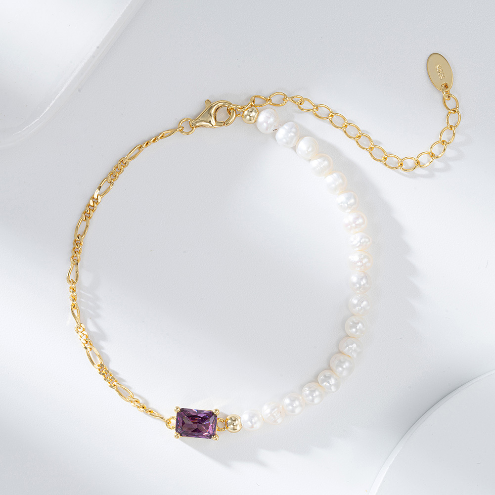Half 14K Gold PVD Figaro Chain & Half Cultured Freshwater Baroque Pearl Bracelet