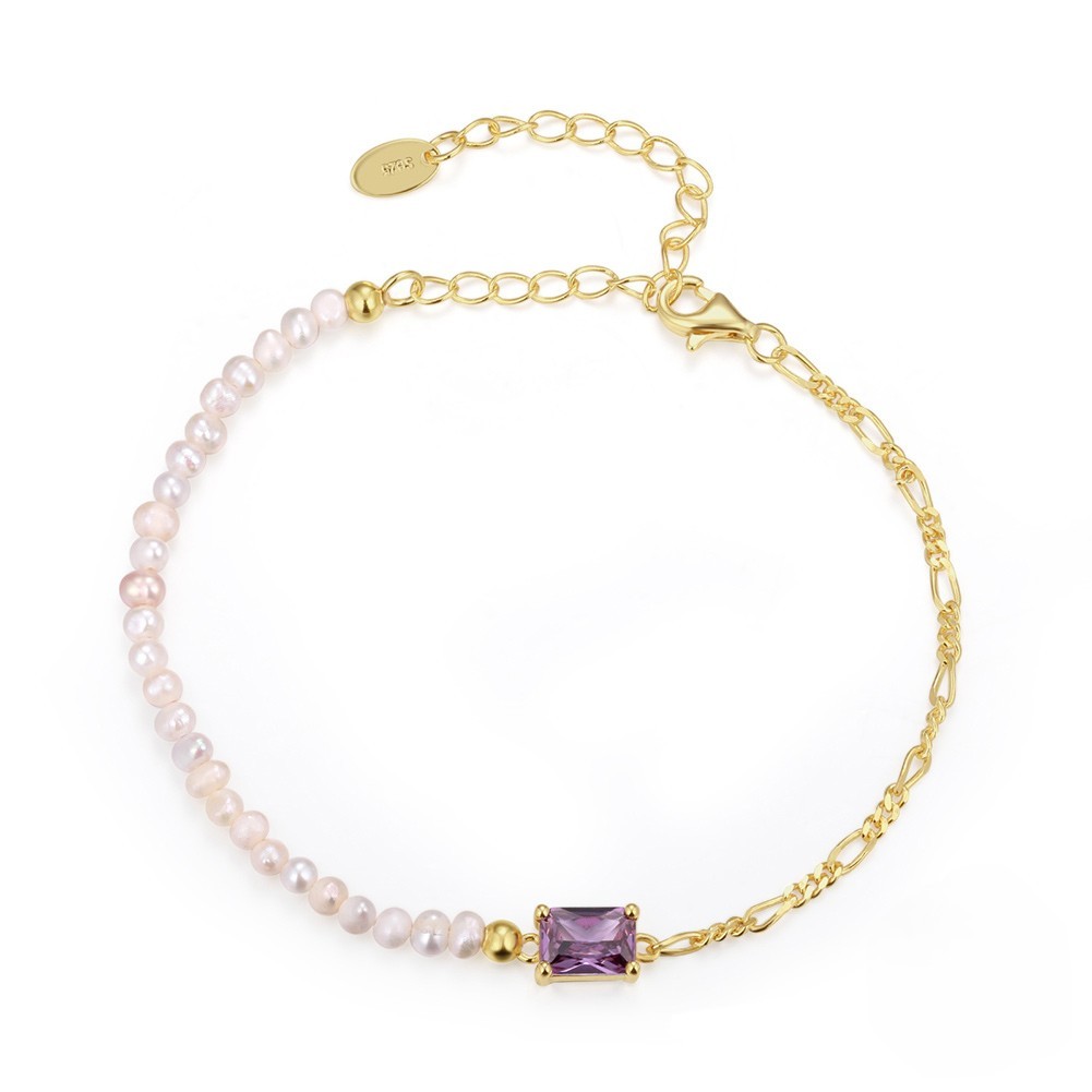 Half 14K Gold PVD Figaro Chain & Half Cultured Freshwater Baroque Pearl Bracelet