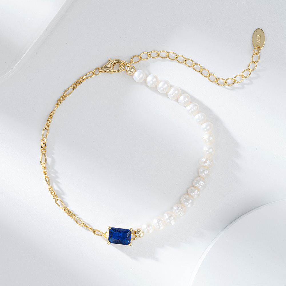 Half 14K Gold PVD Figaro Chain & Half Cultured Freshwater Baroque Pearl Bracelet