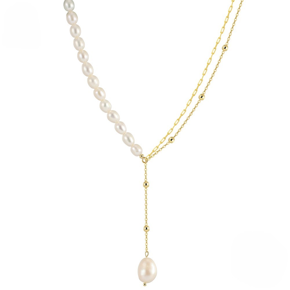 Trendy 14K Gold-Plated Paperclip Chain/Ball Chain Layer Necklace with Cultured Freshwater Pearls