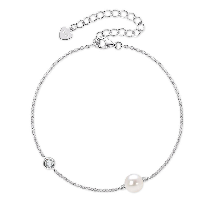 6-6.5 mm Natural Freshwater Pearl & 3 mm Cubic Zirconia Link Chain Bracelet