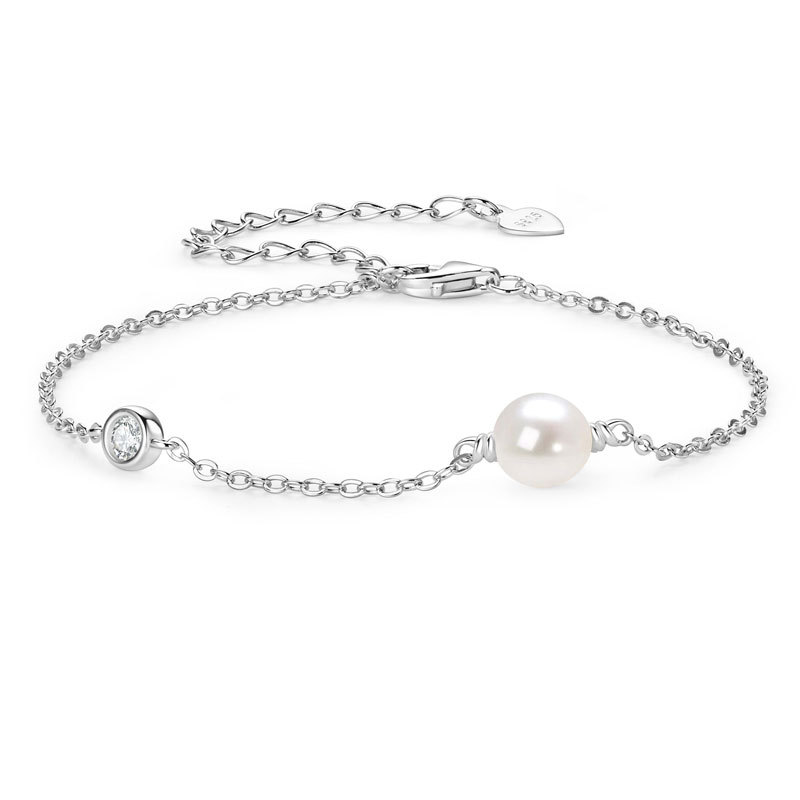 6-6.5 mm Natural Freshwater Pearl & 3 mm Cubic Zirconia Link Chain Bracelet