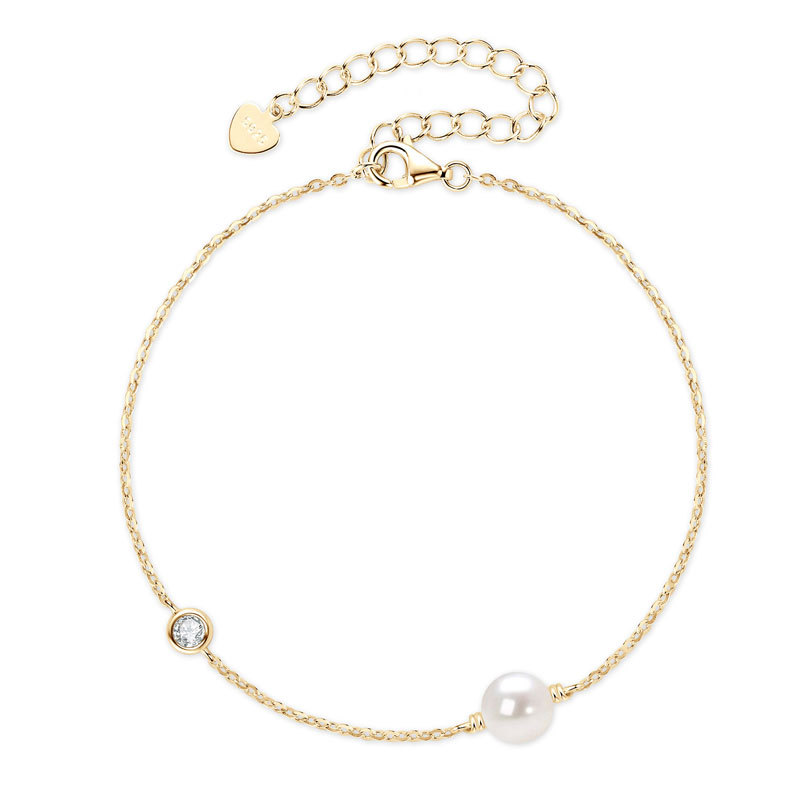 6-6.5 mm Natural Freshwater Pearl & 3 mm Cubic Zirconia Link Chain Bracelet