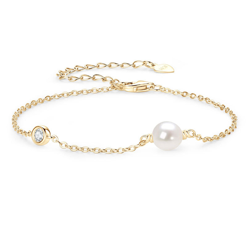6-6.5 mm Natural Freshwater Pearl & 3 mm Cubic Zirconia Link Chain Bracelet