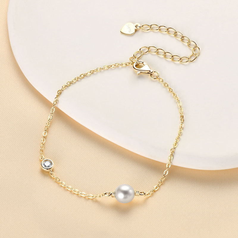 6-6.5 mm Natural Freshwater Pearl & 3 mm Cubic Zirconia Link Chain Bracelet