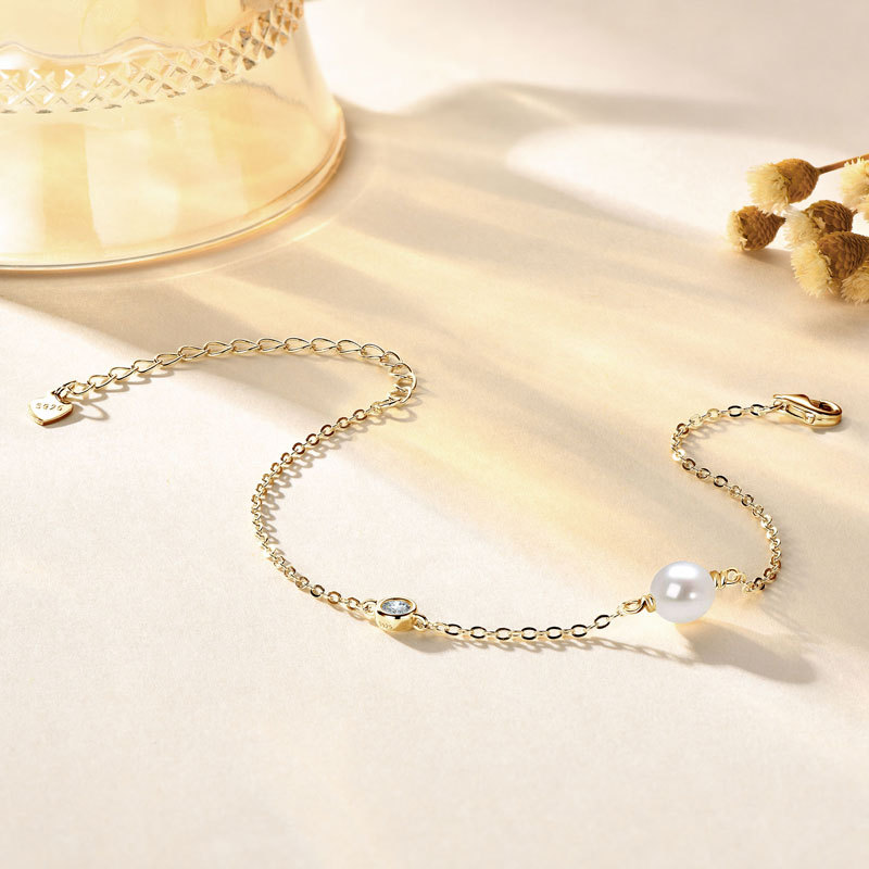 6-6.5 mm Natural Freshwater Pearl & 3 mm Cubic Zirconia Link Chain Bracelet