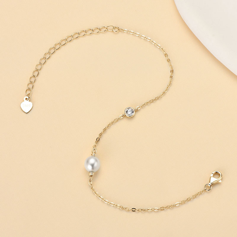6-6.5 mm Natural Freshwater Pearl & 3 mm Cubic Zirconia Link Chain Bracelet
