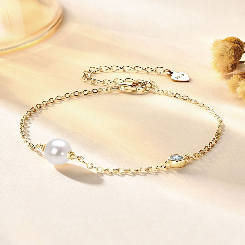 6-6.5 mm Natural Freshwater Pearl & 3 mm Cubic Zirconia Link Chain Bracelet