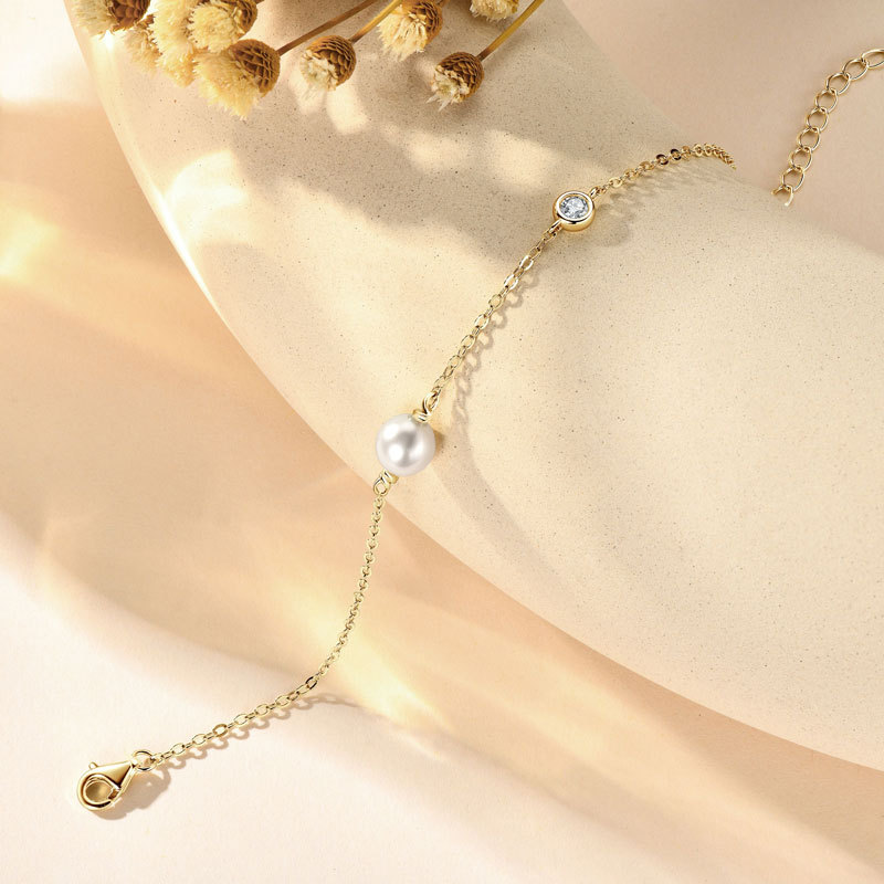 6-6.5 mm Natural Freshwater Pearl & 3 mm Cubic Zirconia Link Chain Bracelet