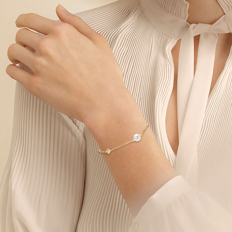 6-6.5 mm Natural Freshwater Pearl & 3 mm Cubic Zirconia Link Chain Bracelet