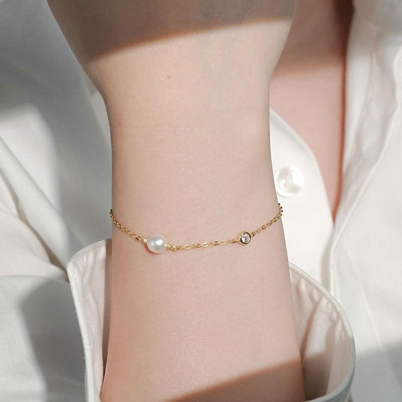 6-6.5 mm Natural Freshwater Pearl & 3 mm Cubic Zirconia Link Chain Bracelet