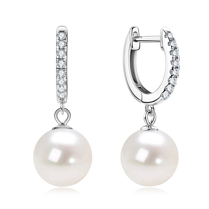 9-10 mm Natural Freshwater Pearl Drop Earrings with 1.4 mm Moissanite Side Stones