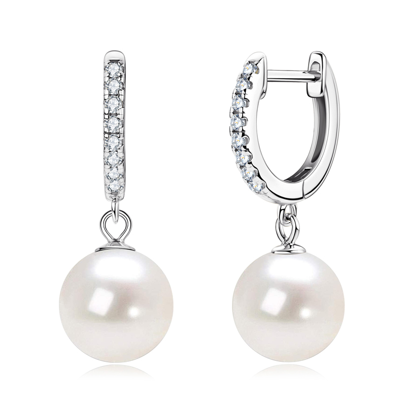 9-10 mm Natural Freshwater Pearl Drop Earrings with 1.4 mm Moissanite Side Stones
