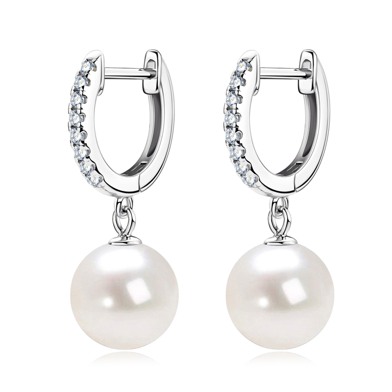 9-10 mm Natural Freshwater Pearl Drop Earrings with 1.4 mm Moissanite Side Stones