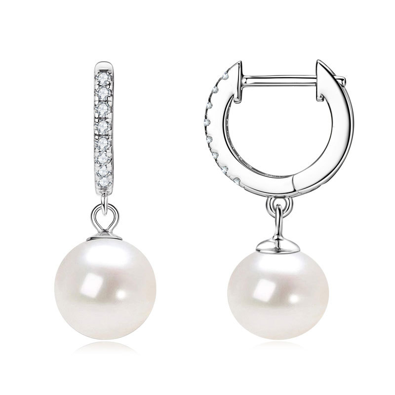 9-10 mm Natural Freshwater Pearl Drop Earrings with 1.4 mm Moissanite Side Stones