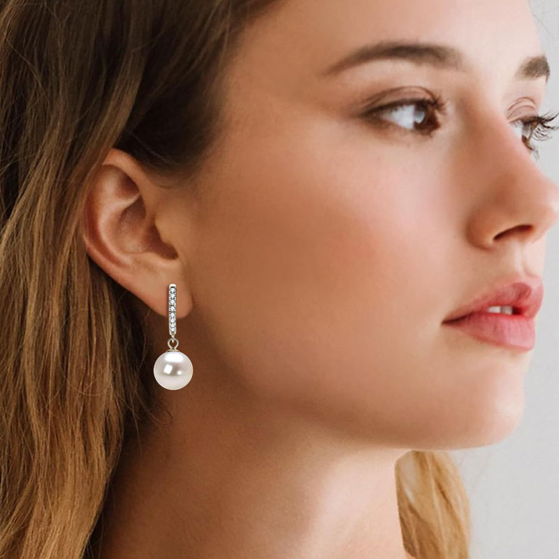 9-10 mm Natural Freshwater Pearl Drop Earrings with 1.4 mm Moissanite Side Stones