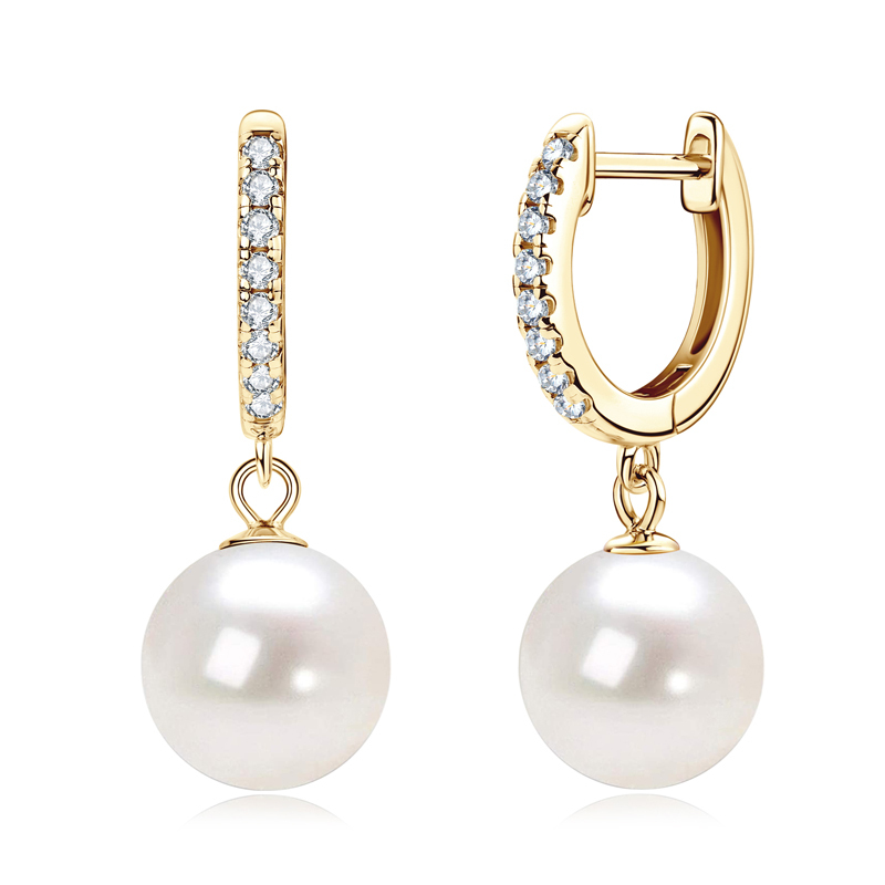 9-10 mm Natural Freshwater Pearl Drop Earrings with 1.4 mm Moissanite Side Stones