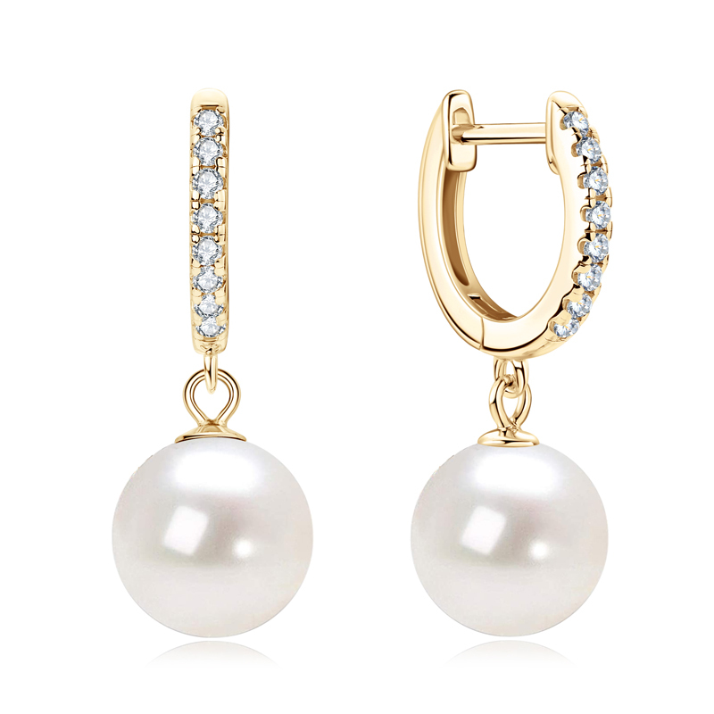 9-10 mm Natural Freshwater Pearl Drop Earrings with 1.4 mm Moissanite Side Stones