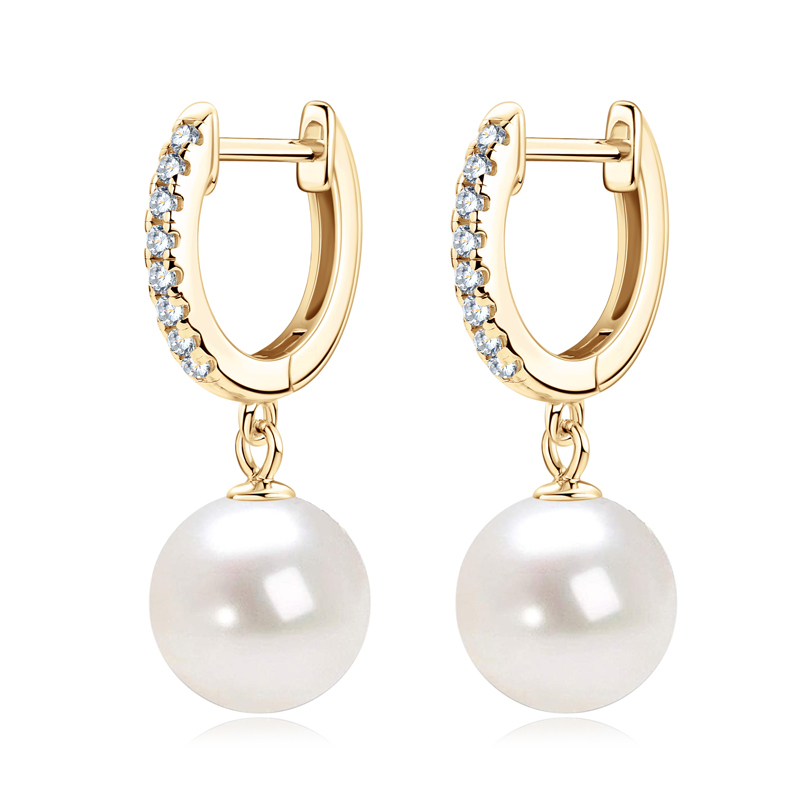9-10 mm Natural Freshwater Pearl Drop Earrings with 1.4 mm Moissanite Side Stones